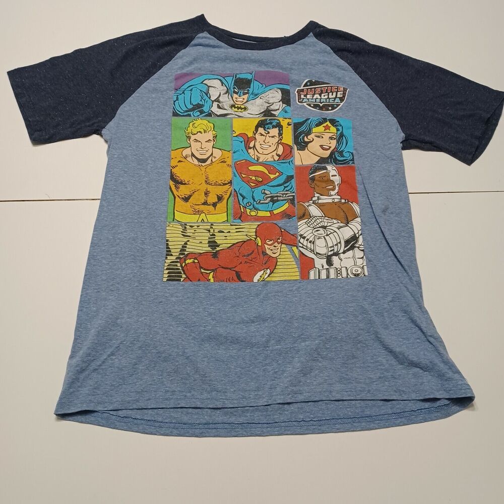 Dc Super Heros Logo Mens DC Comics Graphic T-Shirt Blue Heathered Crew Neck L 42